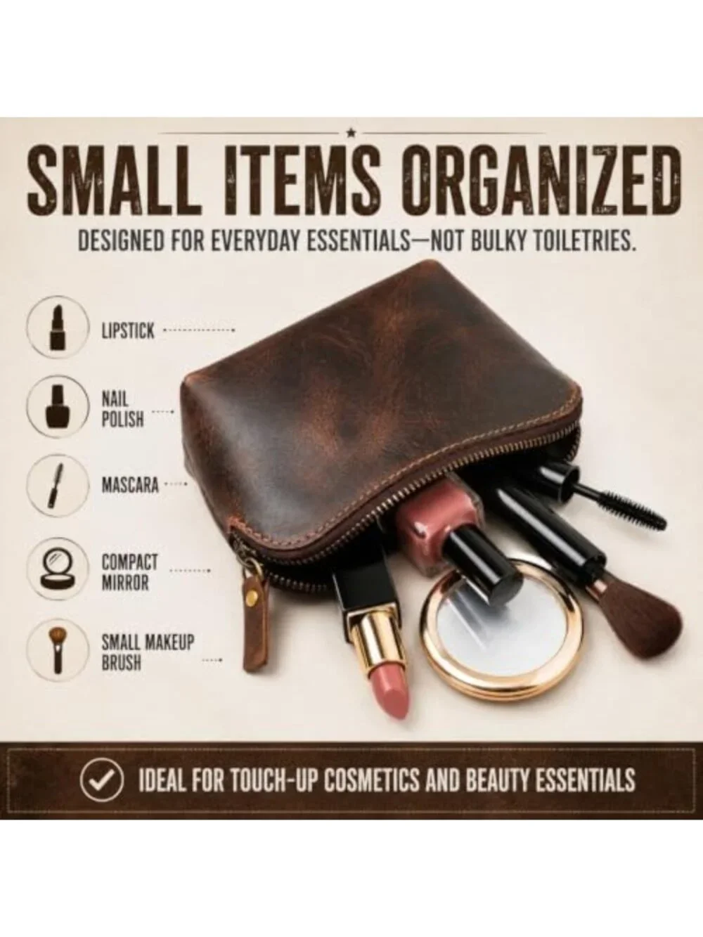 Premium Full Grain Leather Makeup Pouch - Small Travel Toiletry Organizer Bag